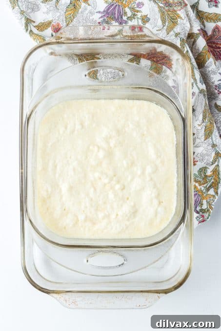 Lemon Pudding Cake ready to be placed in the oven, surrounded by a water bath.