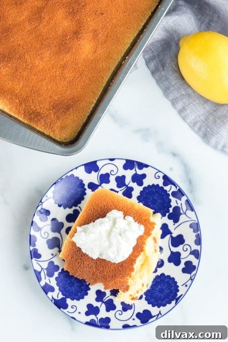 A close-up of a cooled Lemon Pudding Cake, ready to be served.