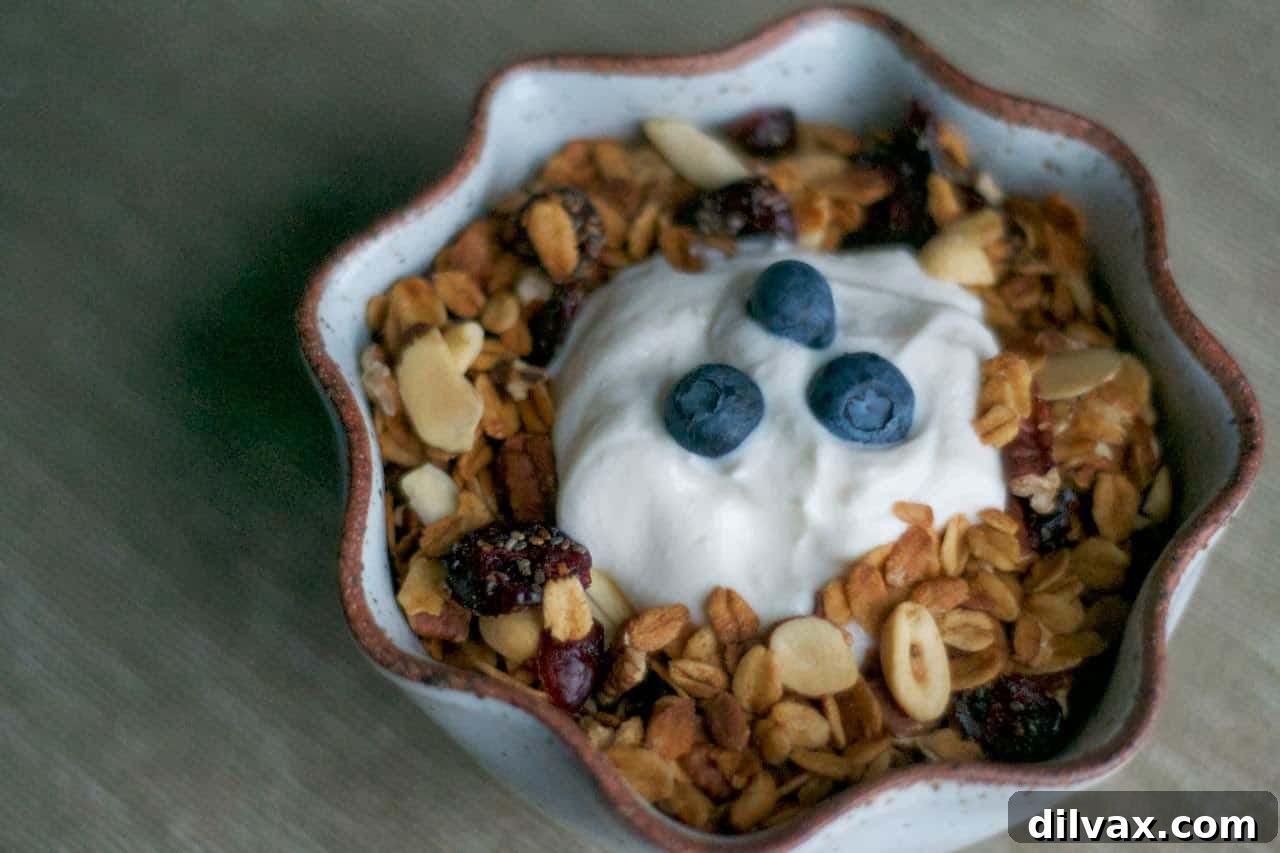 Ruby Red Chia Granola 5 A close-up shot of Cranberry Chia Granola in a glass jar, ready for storage.