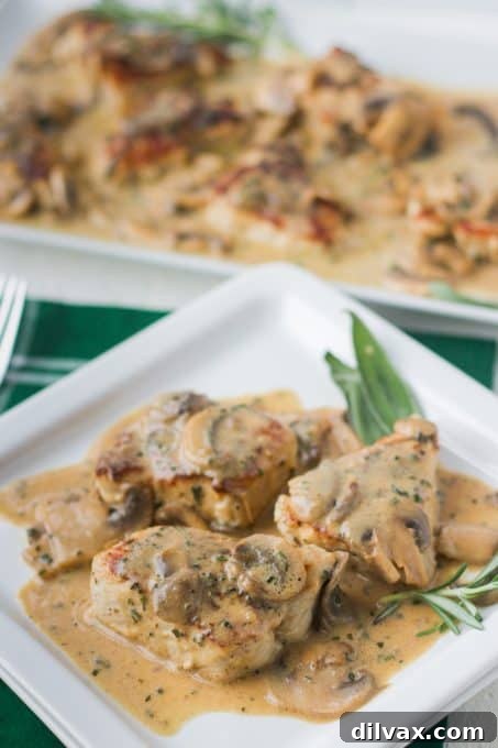 Tender Rosemary Pork Medallions Draped in Mushroom Wine Sauce 3 A close-up of Rosemary Pork Medallions in a Mushroom Wine Sauce, highlighting the succulent texture.