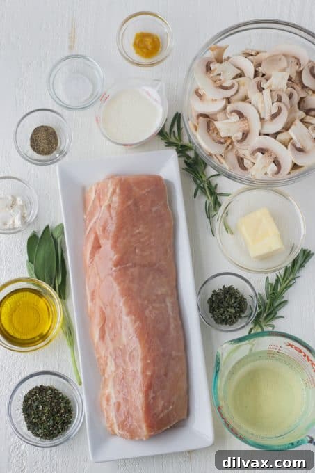Tender Rosemary Pork Medallions Draped in Mushroom Wine Sauce 5 Essential ingredients for crafting delicious pork medallions with mushroom and wine sauce.