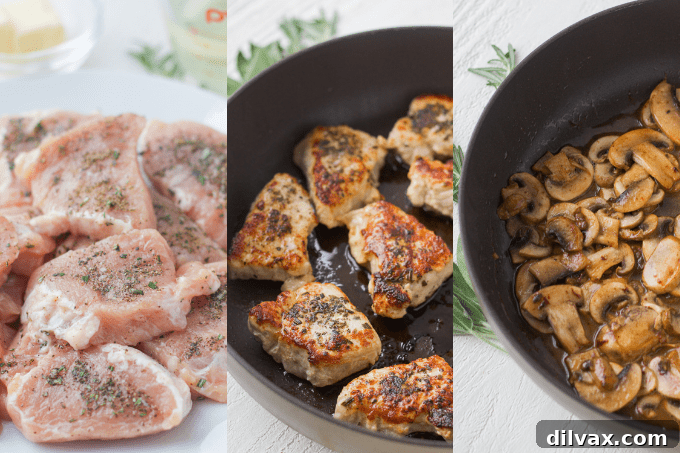 Tender Rosemary Pork Medallions Draped in Mushroom Wine Sauce 6 Step-by-step process of cooking pork with mushrooms in a wine sauce, from searing to saucing.