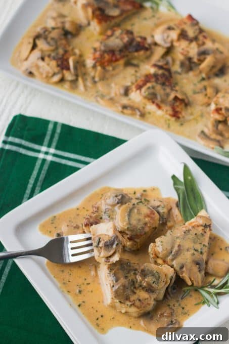 Tender Rosemary Pork Medallions Draped in Mushroom Wine Sauce 7 Serving of rosemary pork medallions with mushroom wine sauce on a plate.