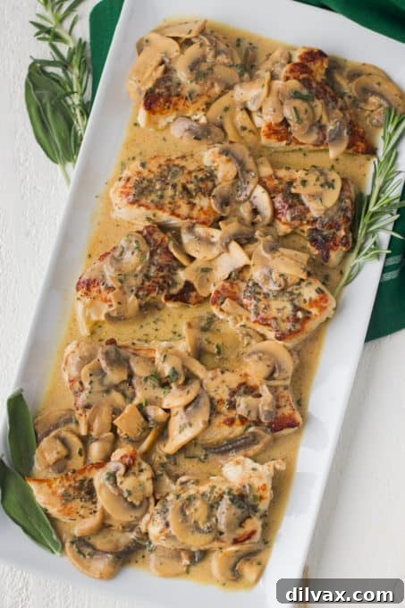 Tender Rosemary Pork Medallions Draped in Mushroom Wine Sauce 8 Rosemary Pork Medallions with mushrooms in a wine sauce, beautifully plated and ready to enjoy.