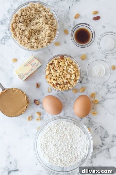 Fudgy Peanut Butter Swirl Brownies 4 A comprehensive display of all the essential ingredients needed for an easy and delicious peanut butter dessert.