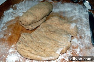 Day 10: My Best Whole-Wheat Oatmeal Bread Yet 3 Misshapen bread dough, showing a challenging moment in shaping, appearing more like a pita than a loaf.