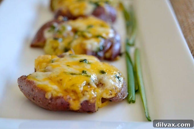 Smashed Roasted Cheesy Potatoes: Ruby gold potatoes smashed, seasoned, and generously topped with a blend of Cheddar-Monterey Jack cheese, creating an awesome side dish with crispy edges and a fluffy interior!