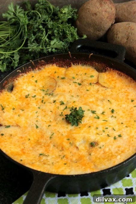 Creamy and cheesy au gratin potatoes cooked and served in a skillet, perfect for a rustic side.