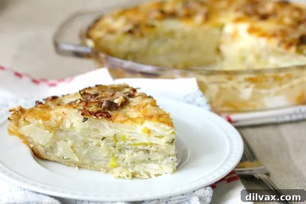 A savory and comforting potato and leek pie, perfect as a unique and impressive holiday side dish.