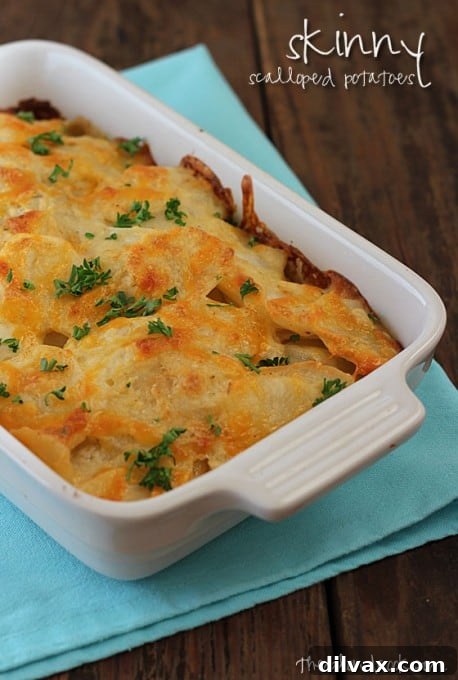 Lightened-up Skinny Scalloped Potatoes, a healthier take on the classic creamy side dish.