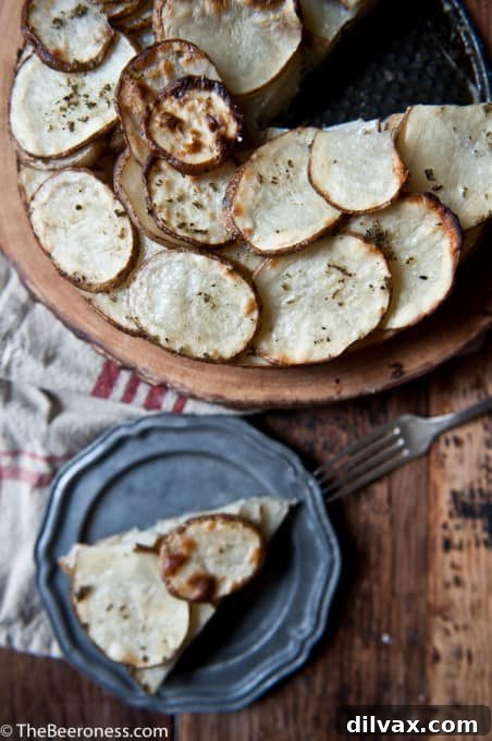 A rustic and savory potato galette infused with rosemary and brown ale, offering deep, complex flavors.