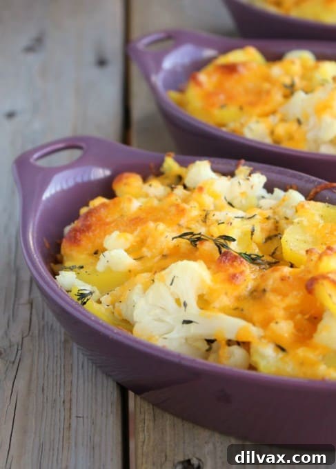 A comforting bake featuring tender cauliflower and potatoes smothered in a rich, creamy cheddar cheese sauce.