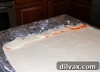 Early photo showing a section of pizza dough layered with sliced pepperoni and provolone cheese, ready for rolling.
