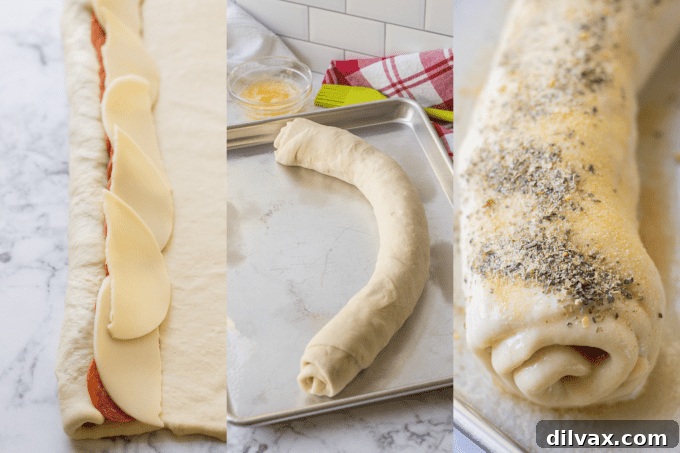 Process photos demonstrating how to layer pepperoni and cheese onto pizza dough and then roll it into a tight log, ensuring even distribution of fillings.