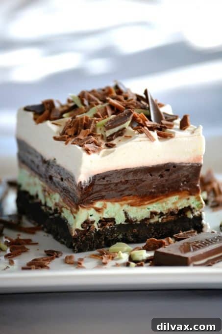 These Chocolate Mint Dream Bars are the perfect No-Bake dessert. The cookie crust, chopped Andes Mints, peppermint, pudding and whipped topping will have everyone swooning!