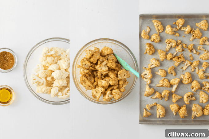 Cajun Curry Roasted Cauliflower 5 Step-by-step process photos showing cauliflower being seasoned and spread on a baking sheet for roasting.