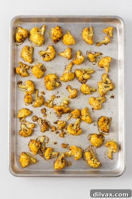 Roasted cauliflower that has just come out of the oven.
