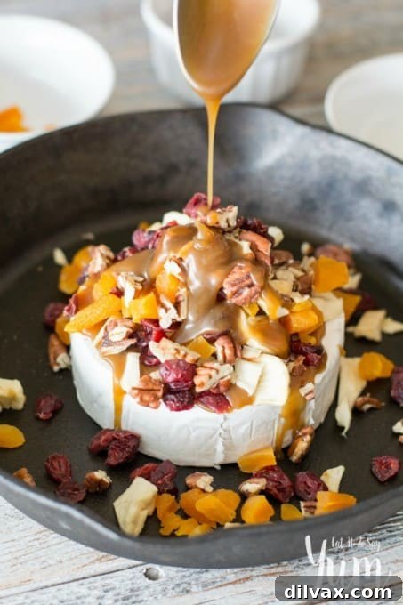 Melted Brie Bliss 14 Sweet, Fruit and Nut Baked Brie, perfect for a Fall or Winter appetizer, showcasing rich textures and vibrant colors.