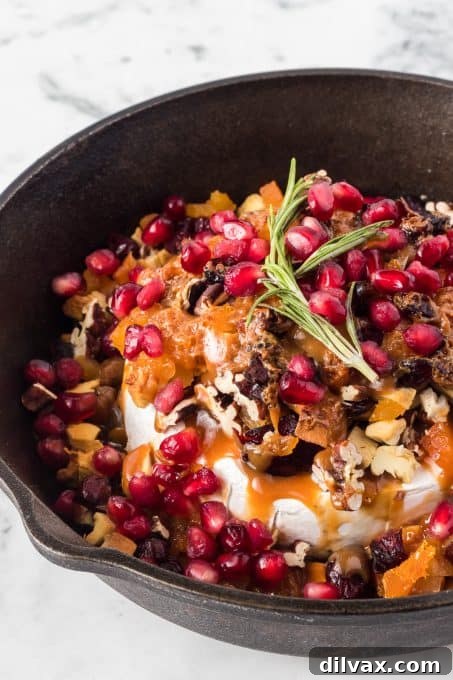 Melted Brie Bliss 3 Close-up shot of dried fruit, toasted nuts, and butterscotch sauce artistically arranged on top of a brie wheel, showcasing its gourmet appeal.
