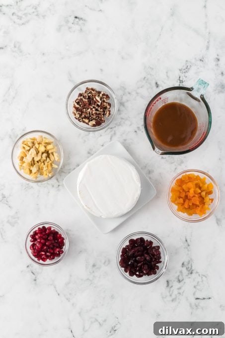 Melted Brie Bliss 4 A curated selection of fresh and dried ingredients laid out, including a brie wheel, pecans, dried apples, apricots, cranberries, and pomegranate arils, ready for assembly.