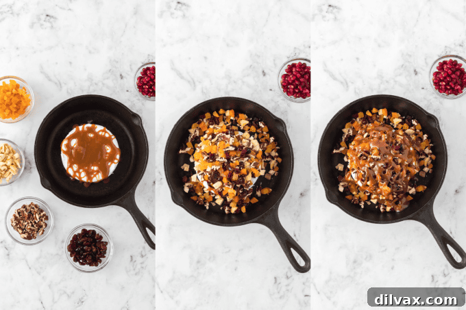 Melted Brie Bliss 5 Step-by-step process photos showing the preparation of baked brie: toasting nuts, drizzling sauce, adding fruits, and the final baked result.