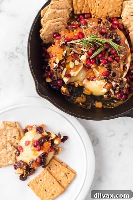 Melted Brie Bliss 6 A warm, gooey baked brie appetizer, garnished with pomegranate arils and rosemary, ready for serving.