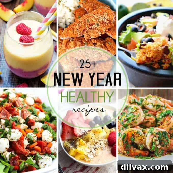 A vibrant collection of over 25 healthy recipes to inspire your New Year's healthy eating journey, featuring fresh ingredients and delicious meals.