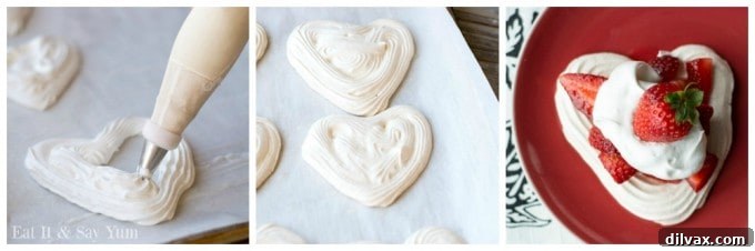Piping Heart Shaped Meringues with a piping bag.