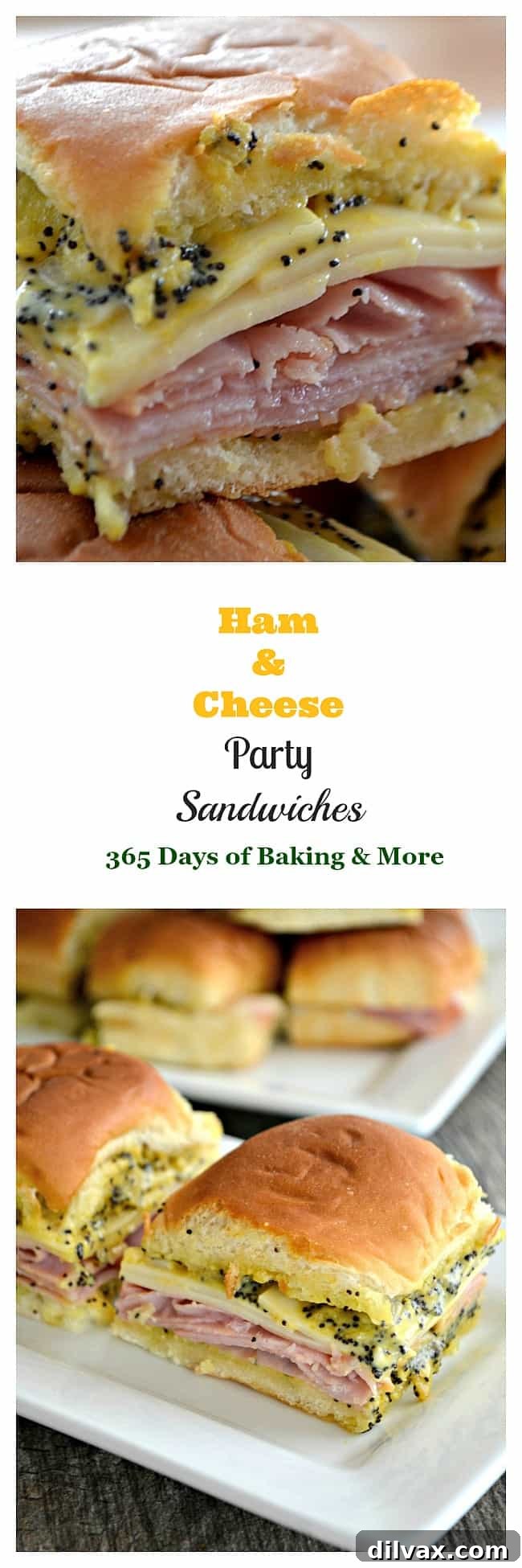 Final presentation of Ham and Cheese Party Sandwiches on Hawaiian rolls with a poppy seed, mustard spread, ready for Game Day entertaining! 