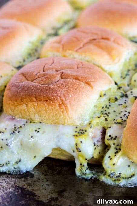 Party Perfect Ham and Cheese Sliders 4 A full tray of Ham and Swiss Cheese Party Sandwiches, baked to perfection and ready for serving.