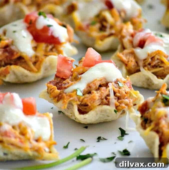 A vibrant platter of Chicken Enchilada Bites with a rich, green chile cream sauce drizzle.