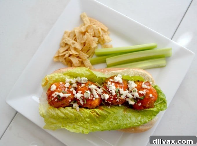 Kickin' Buffalo Chicken Meatballs 2 These Buffalo Chicken Meatballs, made with ground chicken, buffalo sauce, and Panko bread crumbs, are perfect as a Game Day appetizer or in a roll topped with your choice of blue cheese or ranch dressing.