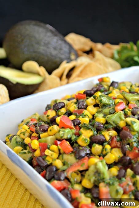 Green Gold Salsa 13 Galaxy Salsa - a colorful and healthy dip with avocado, black beans, corn, and red pepper, ideal for partygoers!