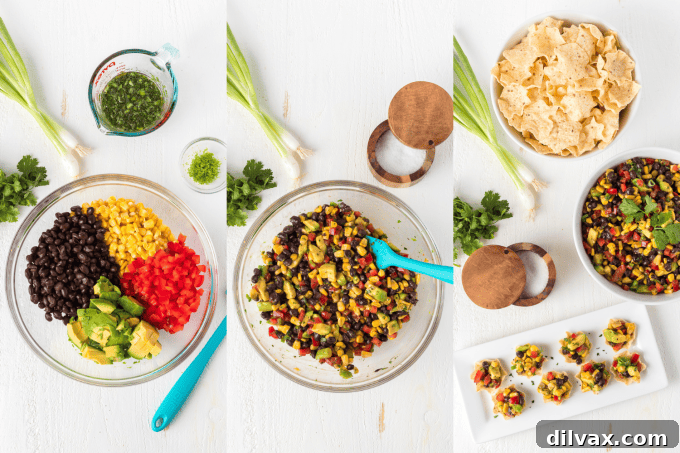 Green Gold Salsa 5 Step-by-step photos of making Avocado Salsa, showing ingredients being combined