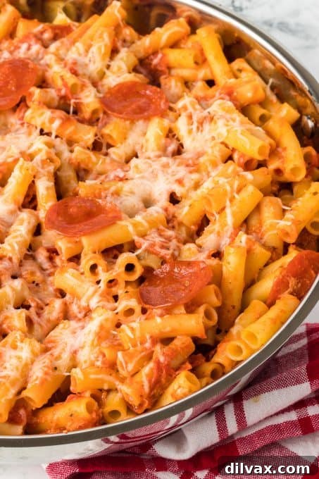 Pepperoni in a pizza pasta dish.