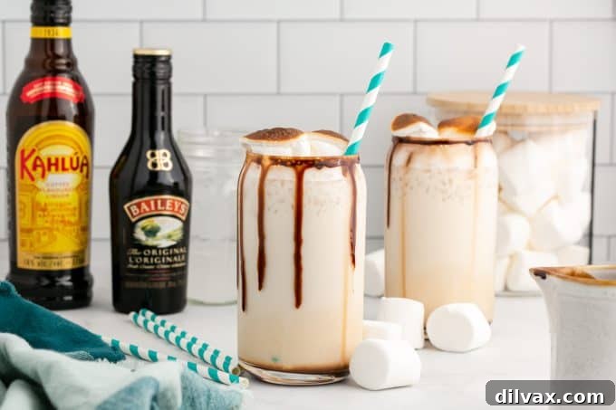 Frozen Marshmallow Mudslide cocktail in a tall glass, garnished with chocolate syrup and toasted marshmallows.