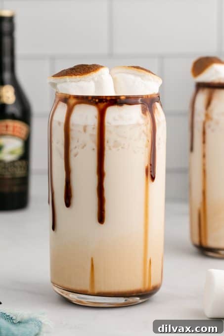 A perfectly blended Frozen Marshmallow Mudslide with chocolate drizzle on the glass.
