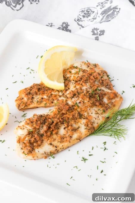 Close-up of a seasoned tilapia fillet before being steamed, showing the herbs and lemon zest.