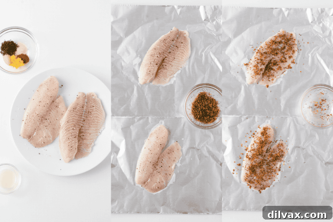 A visual guide showing tilapia fillets on foil with lemon slices and seasoning being applied.