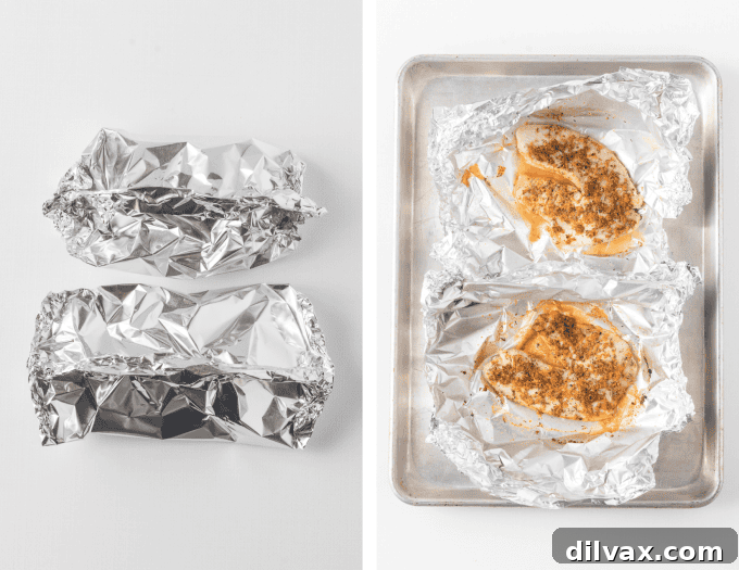 A visual guide showing the process of sealing tilapia in foil packets and baking them.