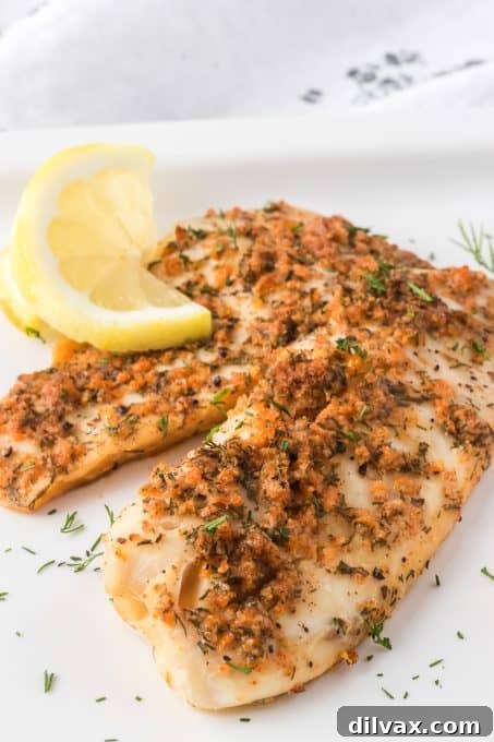 A seasoned and steamed tilapia fillet, moist and flaky, on a serving dish.