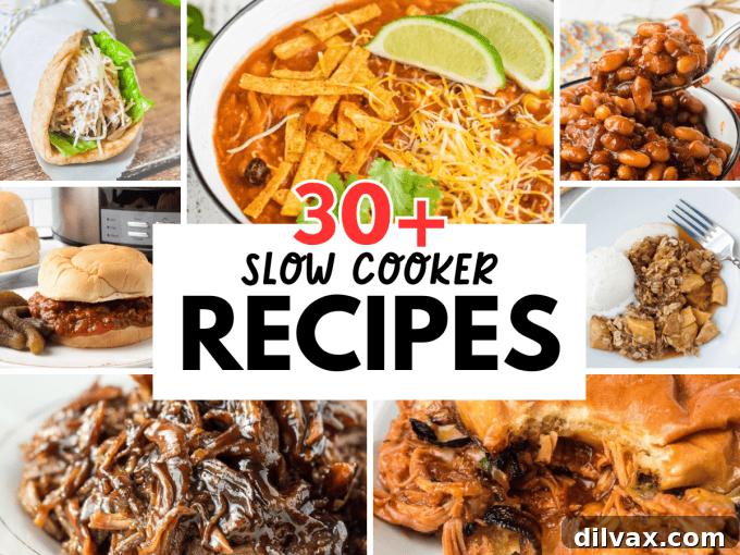 An inviting overhead shot of various slow cooker dishes beautifully arranged, highlighting the versatility of crockpot cooking.