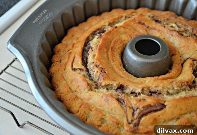Golden Banana Bundt with Nutella Ribbons 4 This Nutella Swirl Banana Bundt Bread is Nutella mixed in to a banana bread batter and shaped into a beautiful bundt cake - perfect with a cup of coffee!
