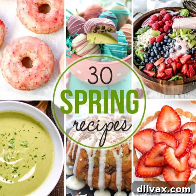 A vibrant collection of 30 delicious spring recipes, featuring everything from light lunches to satisfying dinners and decadent desserts, perfect for celebrating the season's fresh flavors.