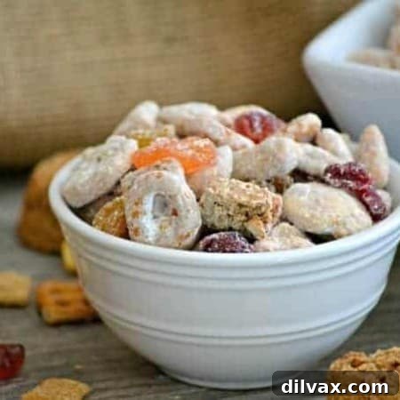 A generously sized bowl filled with the finished Cookie Butter Snack Mix, showcasing its tempting appearance.