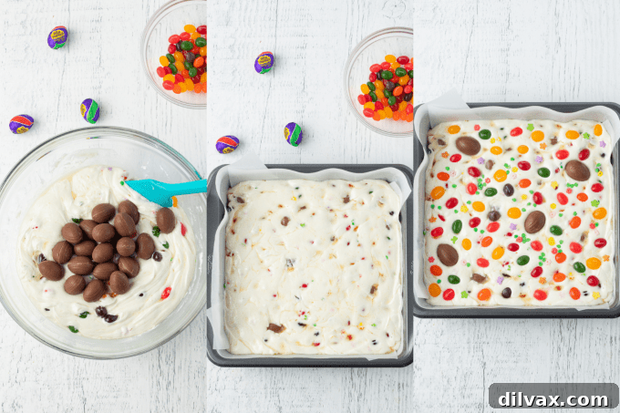 Colorful Easter Fudge 6 The final step of making White Chocolate Fudge with Easter candy, showing the fudge smoothed into a parchment-lined pan and topped with extra Cadbury Creme Eggs, jelly beans, and sprinkles.