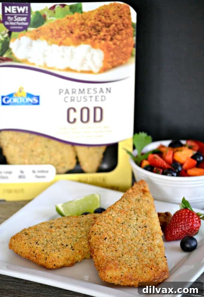 Crispy Parmesan Cod with Fresh Berry Salsa 3 Gorton's Parmesan crusted Cod accompanied by a fresh strawberry, blueberry and mango salsa - a delicious and easy dinner that's ready in under 30 minutes!