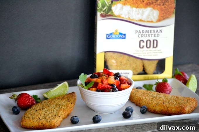Crispy Parmesan Cod with Fresh Berry Salsa 5 Gorton's Parmesan crusted Cod accompanied by a fresh strawberry, blueberry and mango salsa - a delicious and easy dinner that's ready in under 30 minutes!