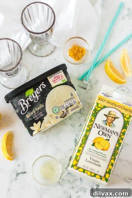 Perfect Frosted Lemonade Dupe: 3 Ingredients, Zero Added Sugar 4 Ingredients laid out for homemade Chick-fil-A Frosted Lemonade: ice cream, lemonade, fresh lemon juice, and lemon zest.