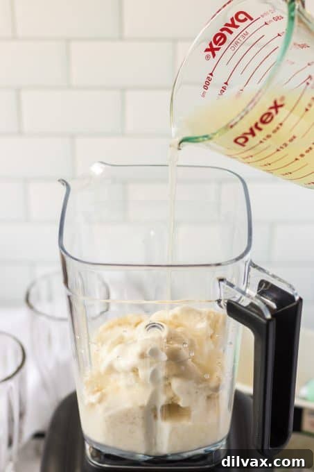 Perfect Frosted Lemonade Dupe: 3 Ingredients, Zero Added Sugar 5 Pouring Newman's Own Virgin Lemonade into a blender with scoops of Breyer's Natural Vanilla Ice Cream.